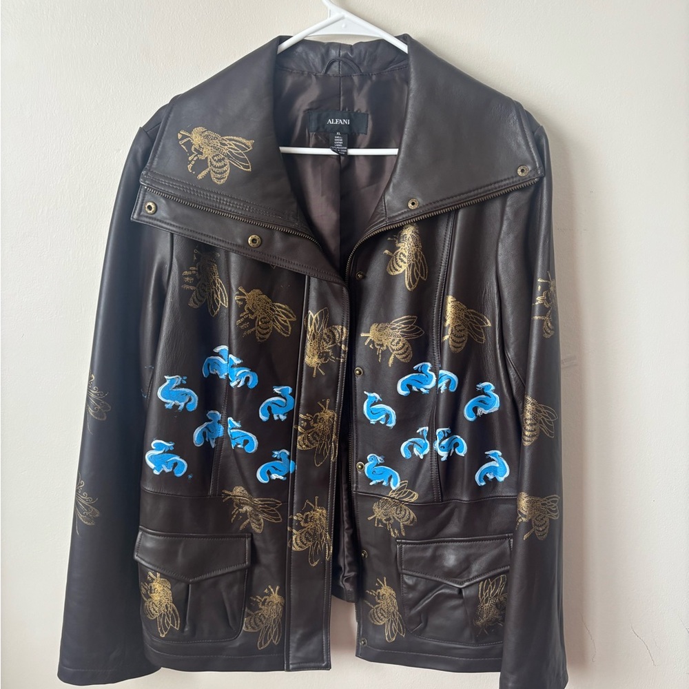 Alfani Dark Brown Leather Jacket with Gold and Blue Embellishments